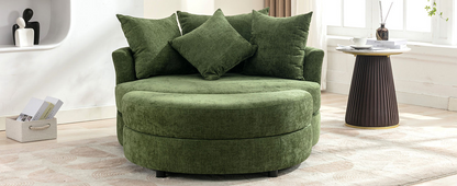360° Swivel Accent Barrel Chair with Storage Ottoman & 4 Pillows, Modern Chenille Leisure Chair Round Accent for Living Room, Green