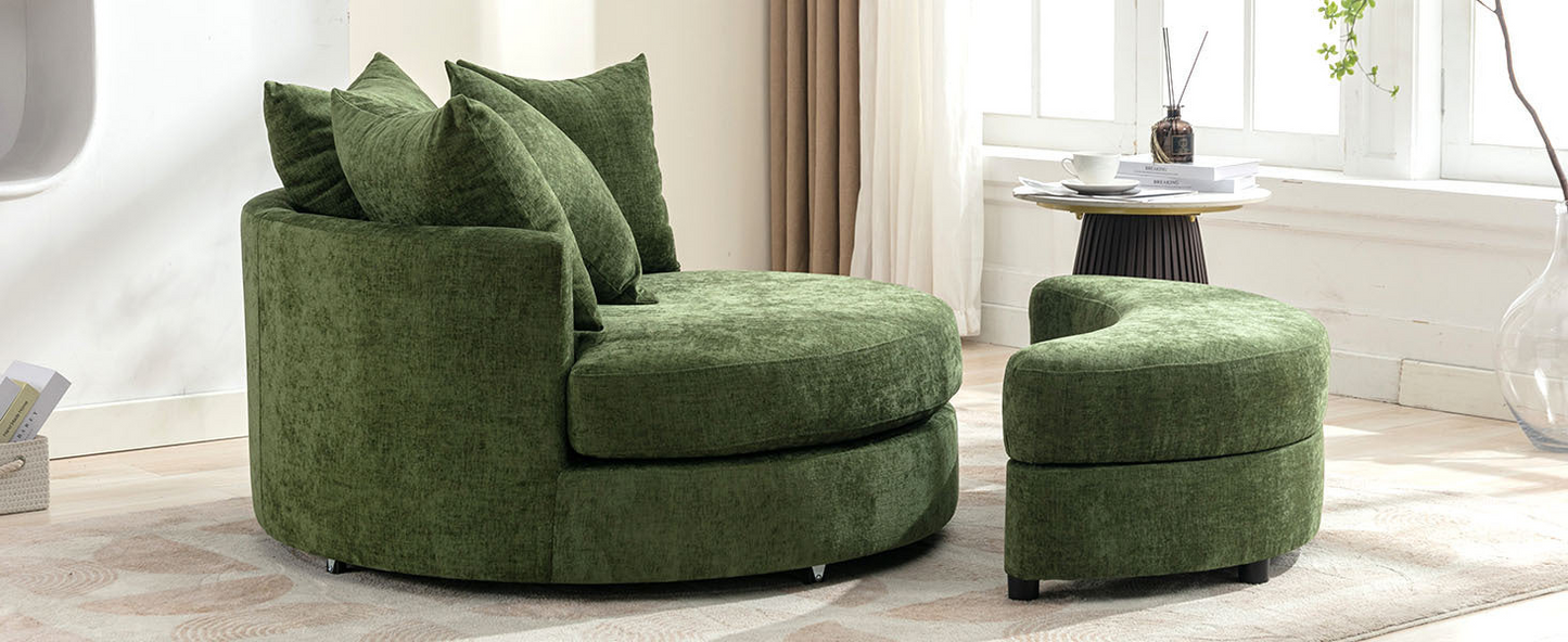 360° Swivel Accent Barrel Chair with Storage Ottoman & 4 Pillows, Modern Chenille Leisure Chair Round Accent for Living Room, Green