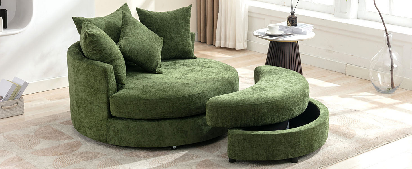 360° Swivel Accent Barrel Chair with Storage Ottoman & 4 Pillows, Modern Chenille Leisure Chair Round Accent for Living Room, Green