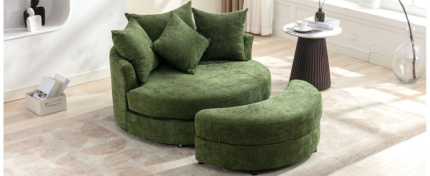 360° Swivel Accent Barrel Chair with Storage Ottoman & 4 Pillows, Modern Chenille Leisure Chair Round Accent for Living Room, Green