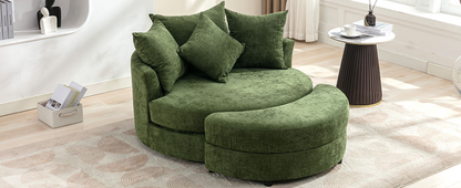 360° Swivel Accent Barrel Chair with Storage Ottoman & 4 Pillows, Modern Chenille Leisure Chair Round Accent for Living Room, Green