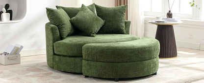 360° Swivel Accent Barrel Chair with Storage Ottoman & 4 Pillows, Modern Chenille Leisure Chair Round Accent for Living Room, Green
