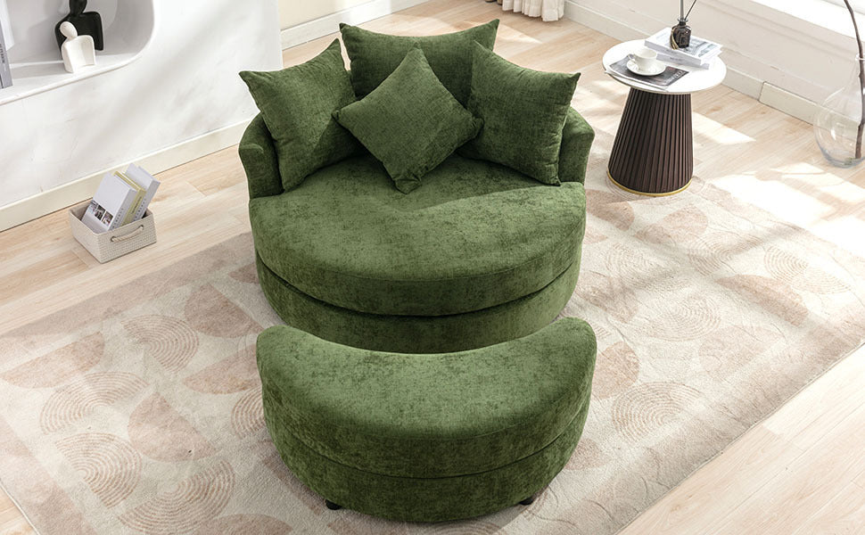 360° Swivel Accent Barrel Chair with Storage Ottoman & 4 Pillows, Modern Chenille Leisure Chair Round Accent for Living Room, Green