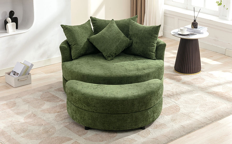360° Swivel Accent Barrel Chair with Storage Ottoman & 4 Pillows, Modern Chenille Leisure Chair Round Accent for Living Room, Green