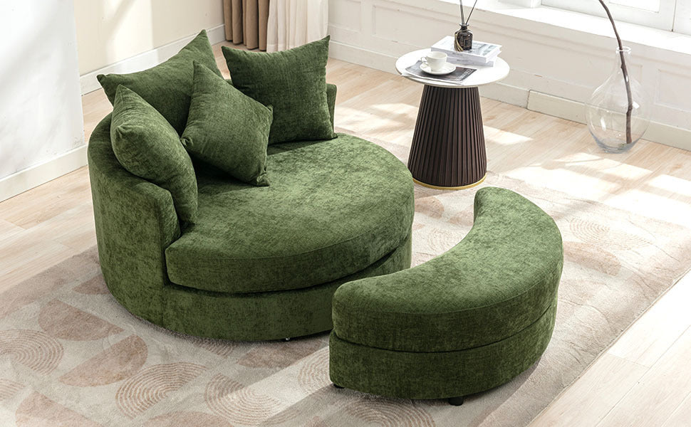 360° Swivel Accent Barrel Chair with Storage Ottoman & 4 Pillows, Modern Chenille Leisure Chair Round Accent for Living Room, Green