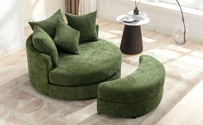 360° Swivel Accent Barrel Chair with Storage Ottoman & 4 Pillows, Modern Chenille Leisure Chair Round Accent for Living Room, Green