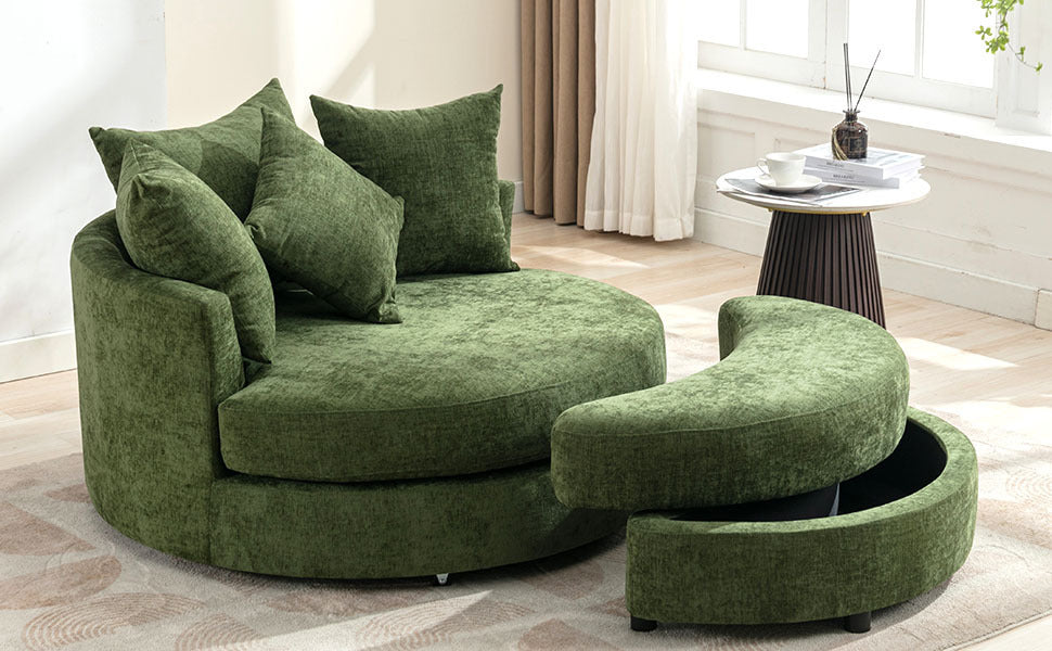 360° Swivel Accent Barrel Chair with Storage Ottoman & 4 Pillows, Modern Chenille Leisure Chair Round Accent for Living Room, Green
