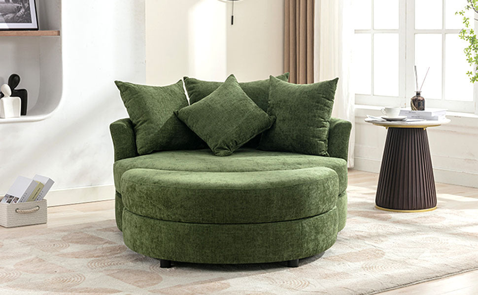 360° Swivel Accent Barrel Chair with Storage Ottoman & 4 Pillows, Modern Chenille Leisure Chair Round Accent for Living Room, Green