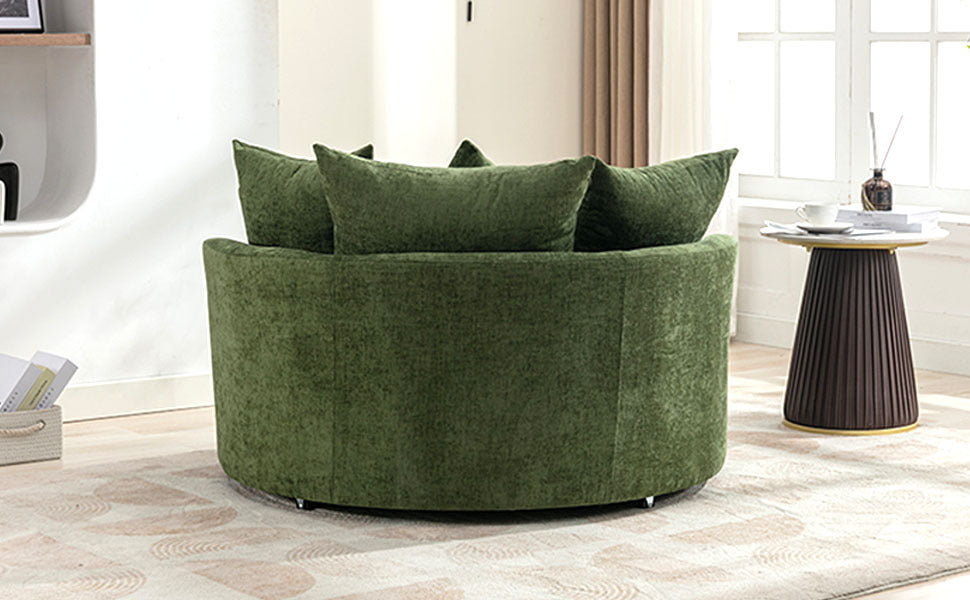 360° Swivel Accent Barrel Chair with Storage Ottoman & 4 Pillows, Modern Chenille Leisure Chair Round Accent for Living Room, Green