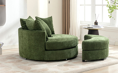 360° Swivel Accent Barrel Chair with Storage Ottoman & 4 Pillows, Modern Chenille Leisure Chair Round Accent for Living Room, Green