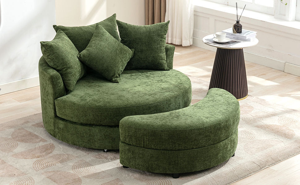 360° Swivel Accent Barrel Chair with Storage Ottoman & 4 Pillows, Modern Chenille Leisure Chair Round Accent for Living Room, Green
