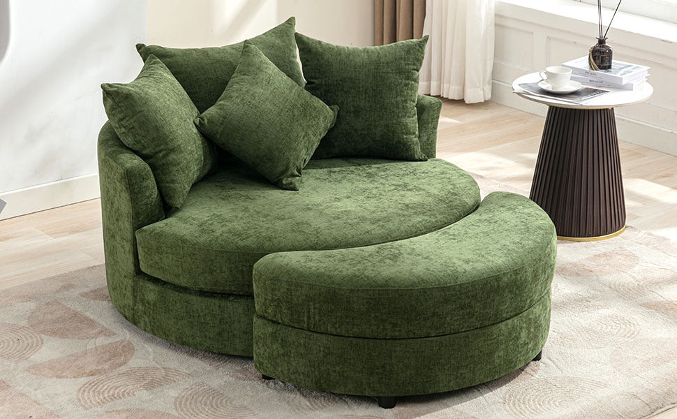 360° Swivel Accent Barrel Chair with Storage Ottoman & 4 Pillows, Modern Chenille Leisure Chair Round Accent for Living Room, Green