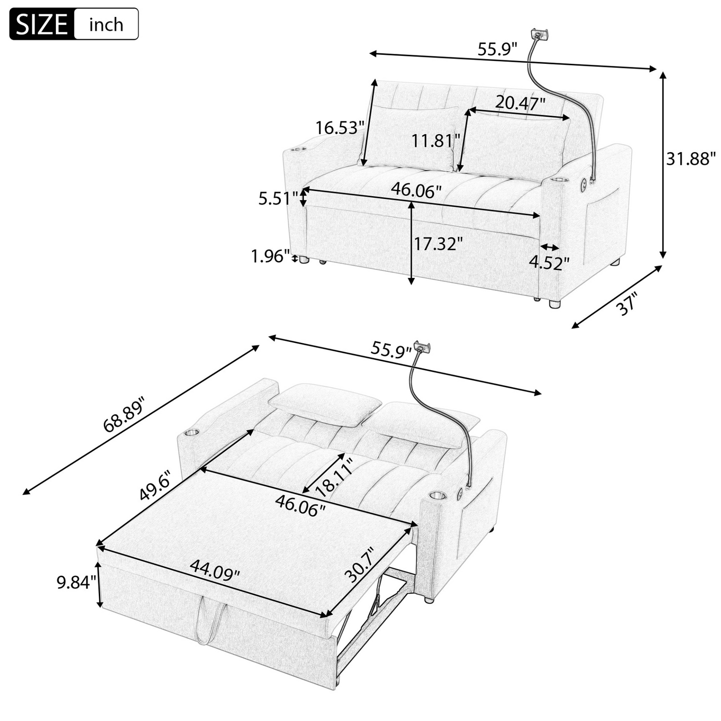 55.9" Convertible Sofa Bed Loveseat Sofa with Three USB Ports, Two Side Pockets, Two Cup Holders and 360°Swivel Phone Holder for Living Room, Beige