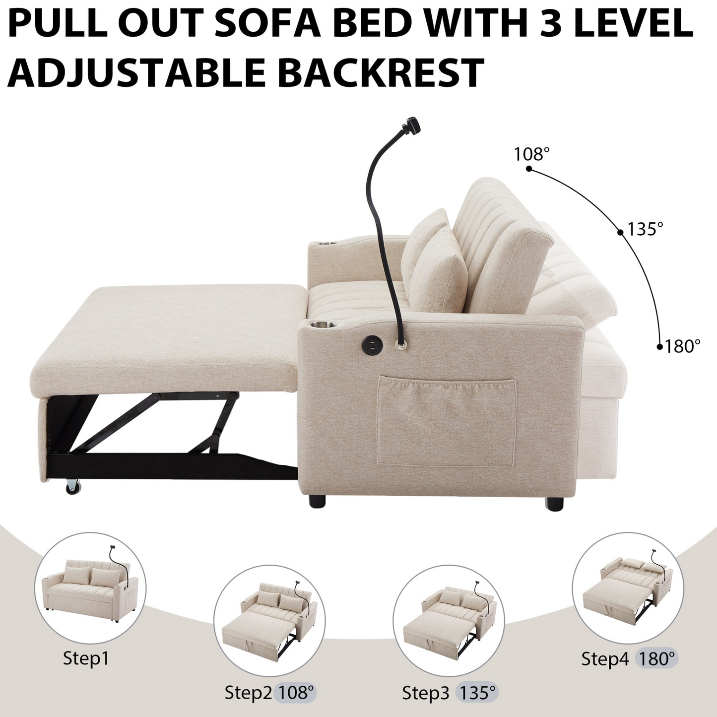 55.9" Convertible Sofa Bed Loveseat Sofa with Three USB Ports, Two Side Pockets, Two Cup Holders and 360°Swivel Phone Holder for Living Room, Beige