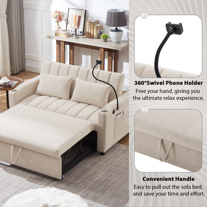55.9" Convertible Sofa Bed Loveseat Sofa with Three USB Ports, Two Side Pockets, Two Cup Holders and 360°Swivel Phone Holder for Living Room, Beige