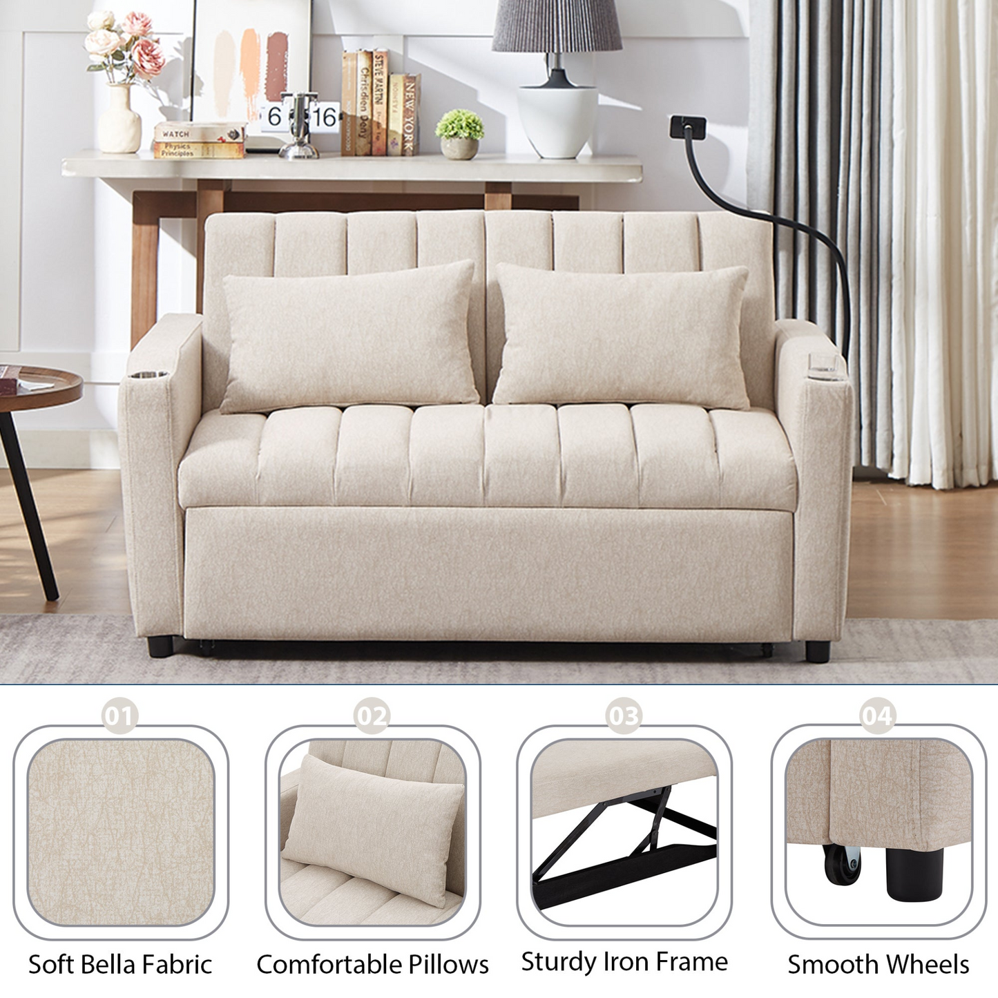 55.9" Convertible Sofa Bed Loveseat Sofa with Three USB Ports, Two Side Pockets, Two Cup Holders and 360°Swivel Phone Holder for Living Room, Beige