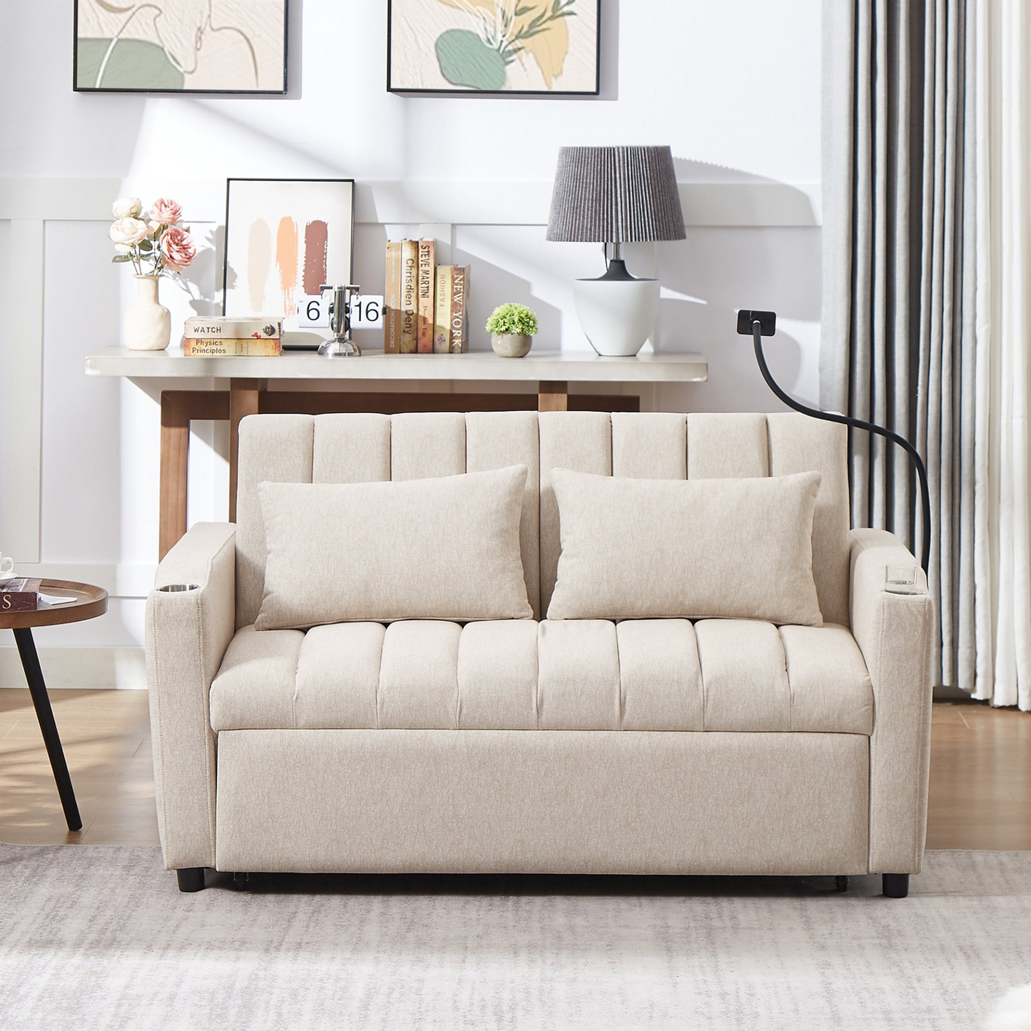 55.9" Convertible Sofa Bed Loveseat Sofa with Three USB Ports, Two Side Pockets, Two Cup Holders and 360°Swivel Phone Holder for Living Room, Beige