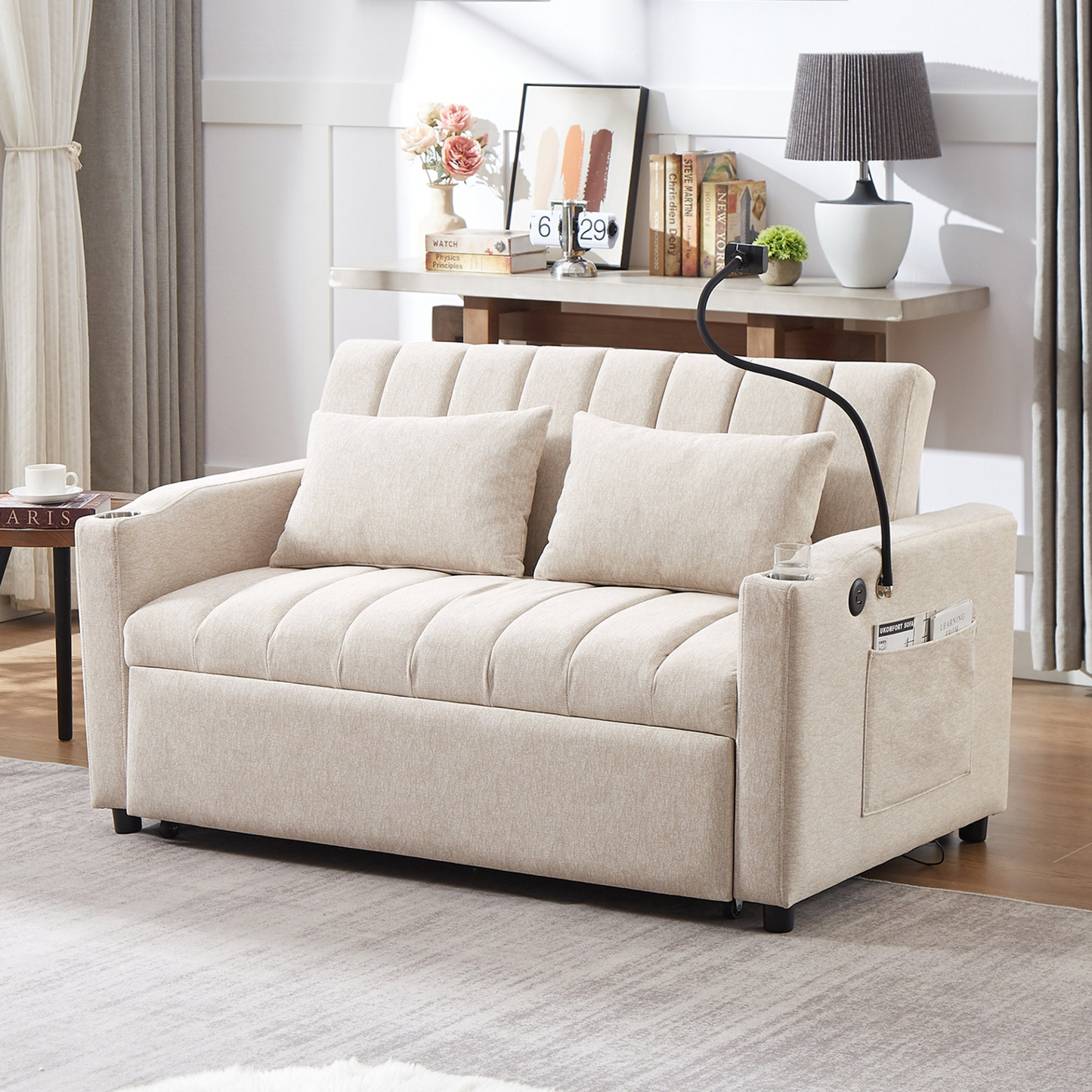 55.9" Convertible Sofa Bed Loveseat Sofa with Three USB Ports, Two Side Pockets, Two Cup Holders and 360°Swivel Phone Holder for Living Room, Beige