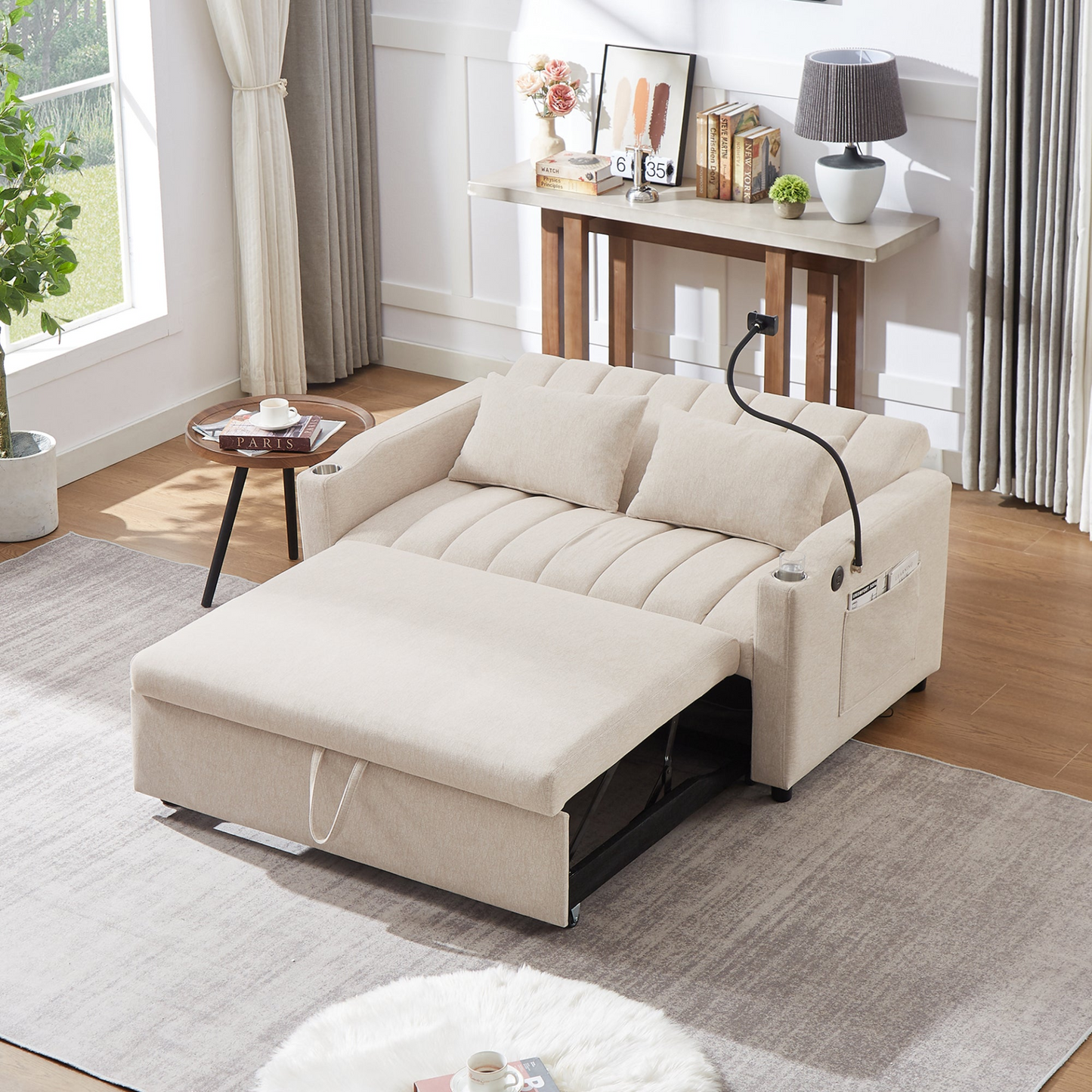 55.9" Convertible Sofa Bed Loveseat Sofa with Three USB Ports, Two Side Pockets, Two Cup Holders and 360°Swivel Phone Holder for Living Room, Beige