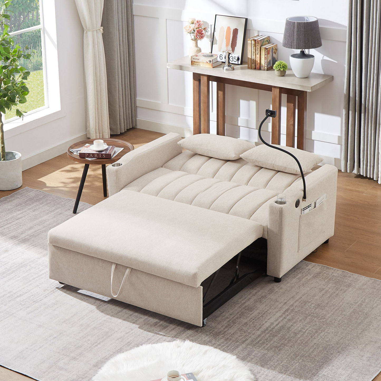 55.9" Convertible Sofa Bed Loveseat Sofa with Three USB Ports, Two Side Pockets, Two Cup Holders and 360°Swivel Phone Holder for Living Room, Beige