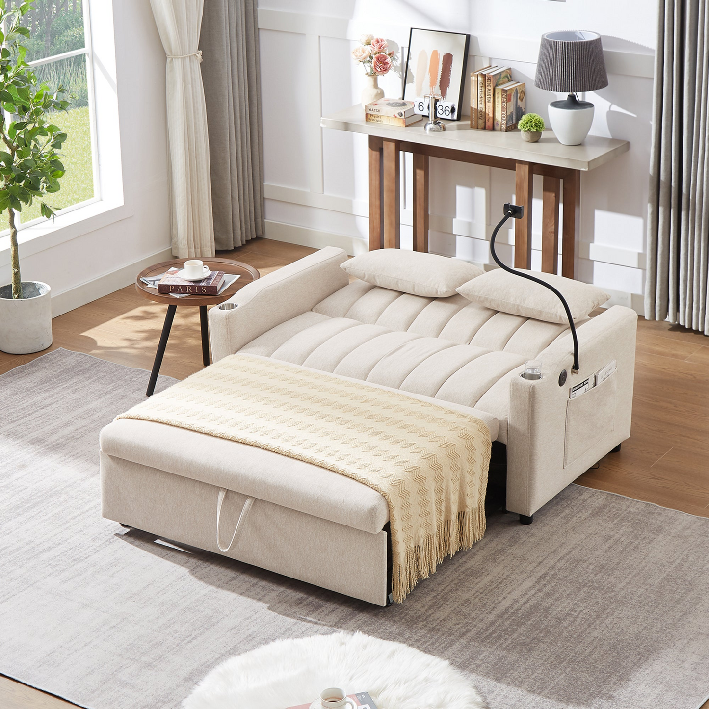 55.9" Convertible Sofa Bed Loveseat Sofa with Three USB Ports, Two Side Pockets, Two Cup Holders and 360°Swivel Phone Holder for Living Room, Beige