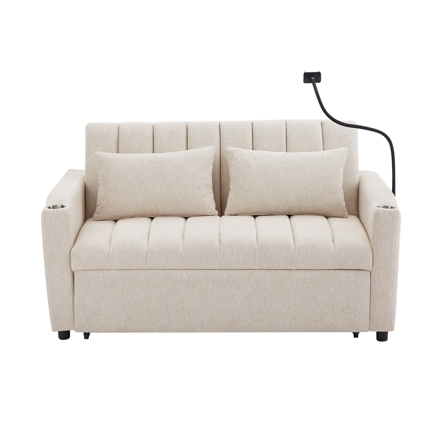55.9" Convertible Sofa Bed Loveseat Sofa with Three USB Ports, Two Side Pockets, Two Cup Holders and 360°Swivel Phone Holder for Living Room, Beige