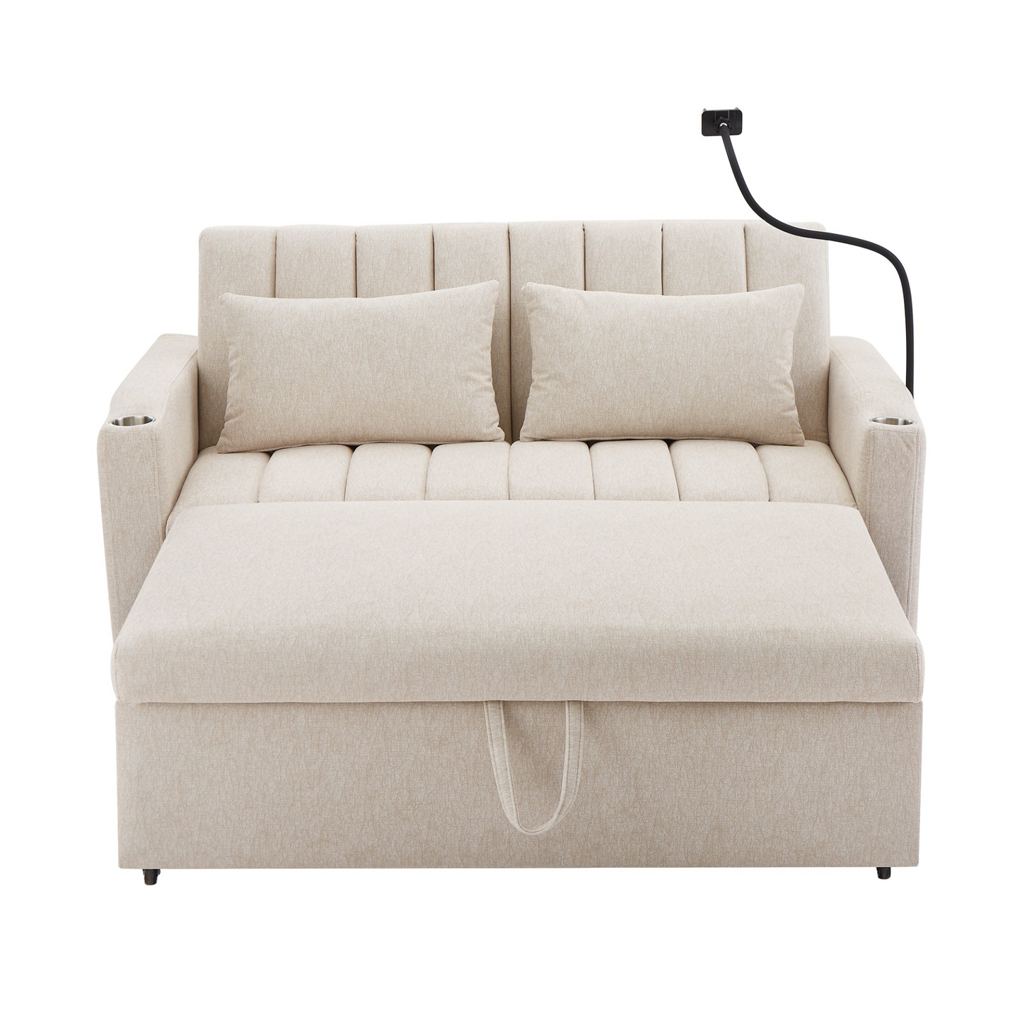 55.9" Convertible Sofa Bed Loveseat Sofa with Three USB Ports, Two Side Pockets, Two Cup Holders and 360°Swivel Phone Holder for Living Room, Beige