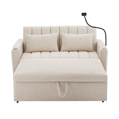 55.9" Convertible Sofa Bed Loveseat Sofa with Three USB Ports, Two Side Pockets, Two Cup Holders and 360°Swivel Phone Holder for Living Room, Beige