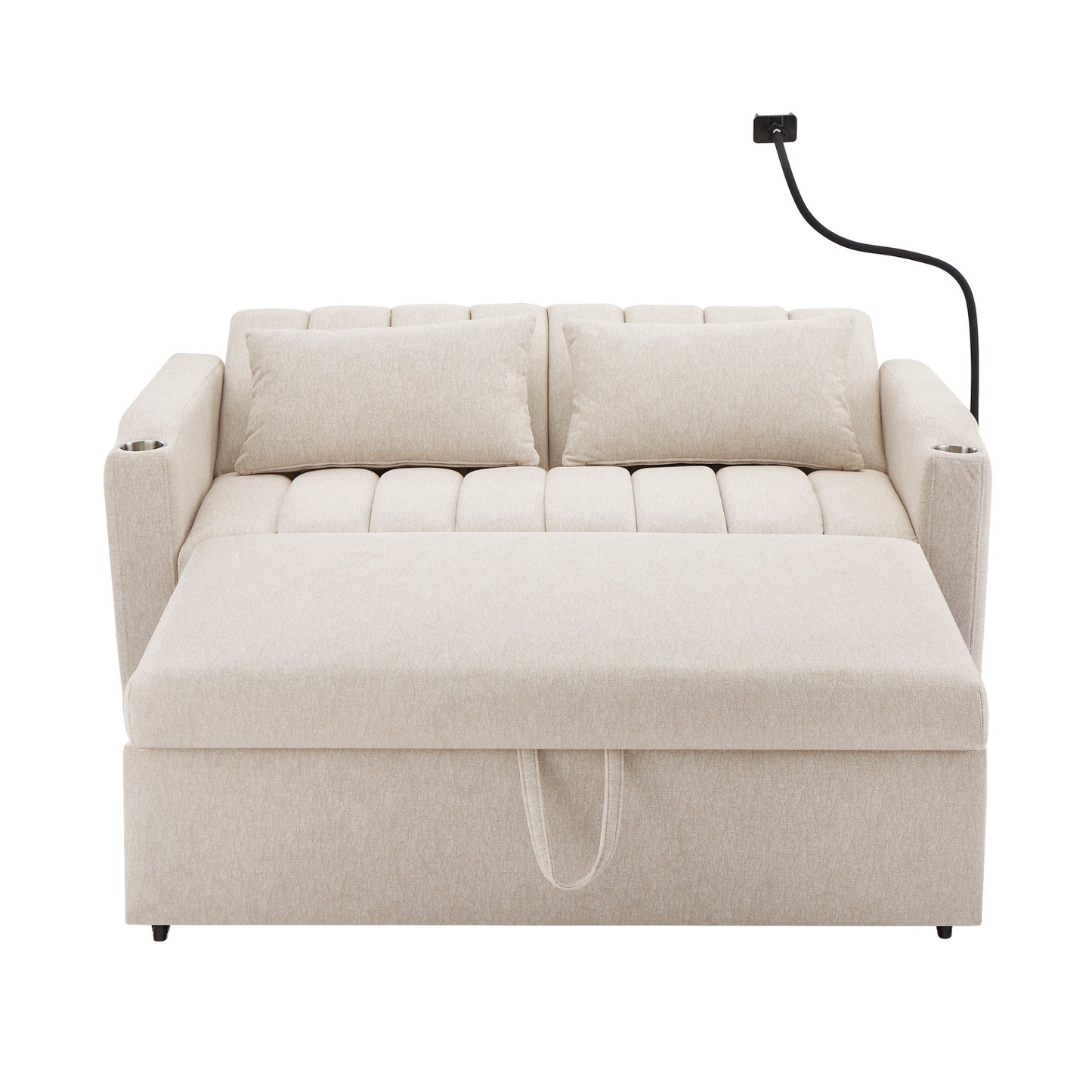 55.9" Convertible Sofa Bed Loveseat Sofa with Three USB Ports, Two Side Pockets, Two Cup Holders and 360°Swivel Phone Holder for Living Room, Beige
