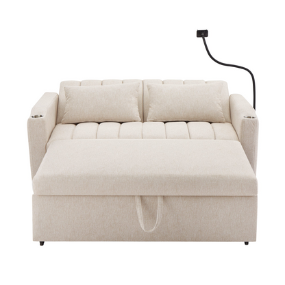 55.9" Convertible Sofa Bed Loveseat Sofa with Three USB Ports, Two Side Pockets, Two Cup Holders and 360°Swivel Phone Holder for Living Room, Beige
