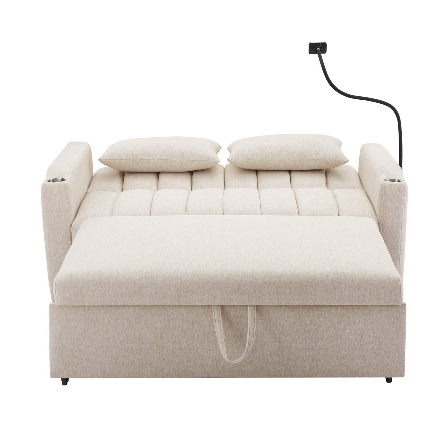 55.9" Convertible Sofa Bed Loveseat Sofa with Three USB Ports, Two Side Pockets, Two Cup Holders and 360°Swivel Phone Holder for Living Room, Beige