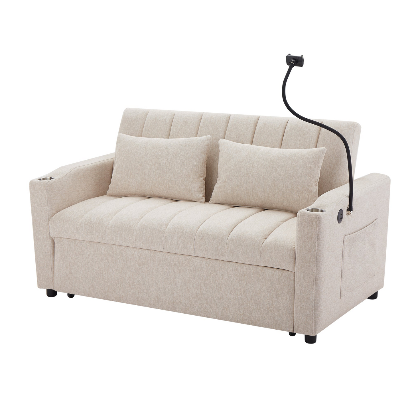 55.9" Convertible Sofa Bed Loveseat Sofa with Three USB Ports, Two Side Pockets, Two Cup Holders and 360°Swivel Phone Holder for Living Room, Beige