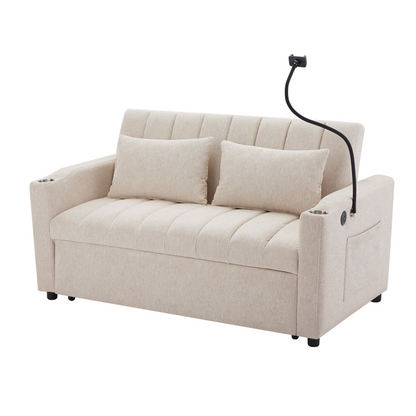 55.9" Convertible Sofa Bed Loveseat Sofa with Three USB Ports, Two Side Pockets, Two Cup Holders and 360°Swivel Phone Holder for Living Room, Beige