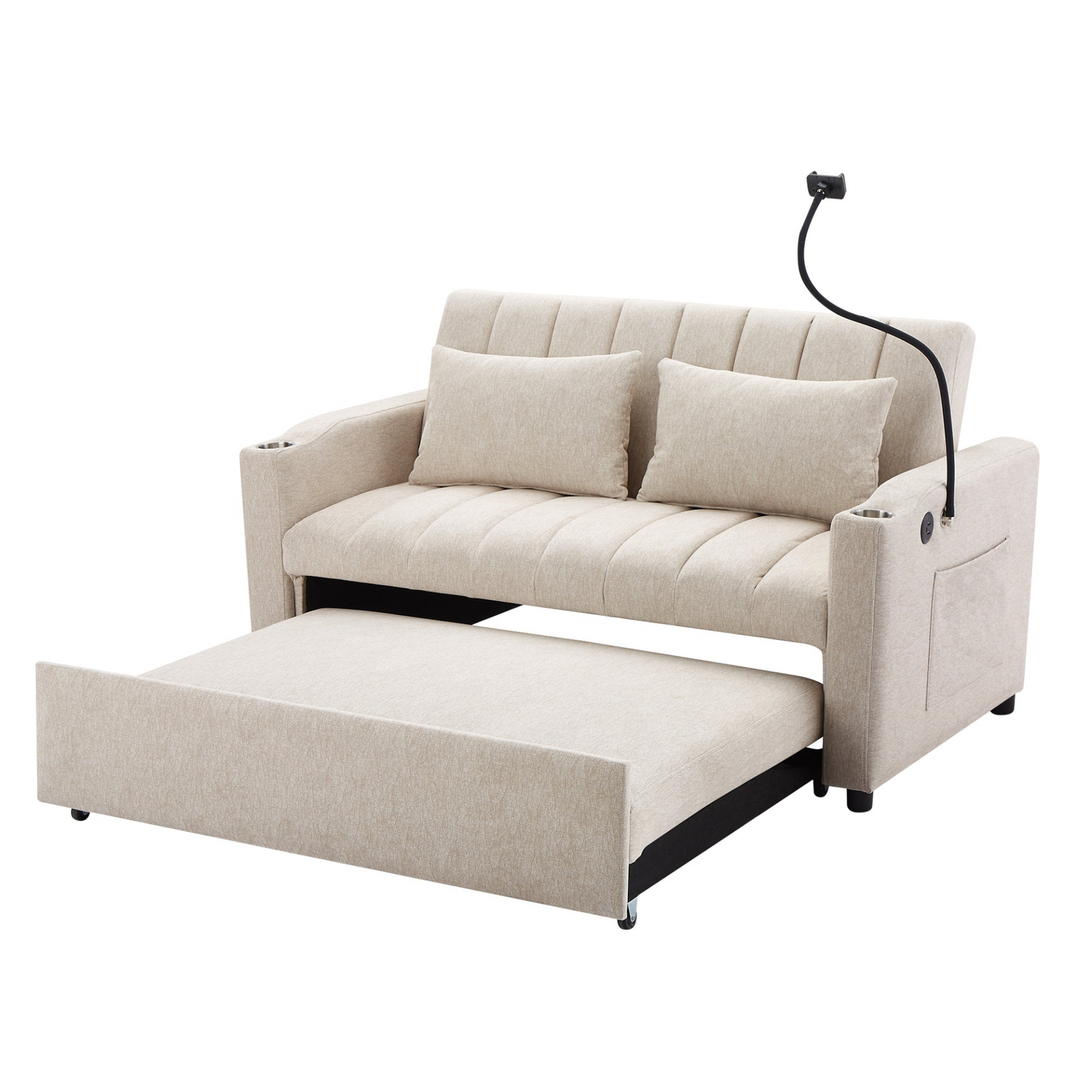 55.9" Convertible Sofa Bed Loveseat Sofa with Three USB Ports, Two Side Pockets, Two Cup Holders and 360°Swivel Phone Holder for Living Room, Beige