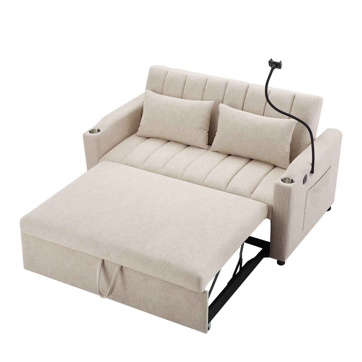 55.9" Convertible Sofa Bed Loveseat Sofa with Three USB Ports, Two Side Pockets, Two Cup Holders and 360°Swivel Phone Holder for Living Room, Beige