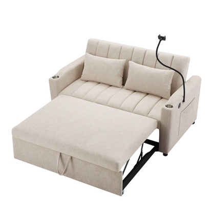 55.9" Convertible Sofa Bed Loveseat Sofa with Three USB Ports, Two Side Pockets, Two Cup Holders and 360°Swivel Phone Holder for Living Room, Beige