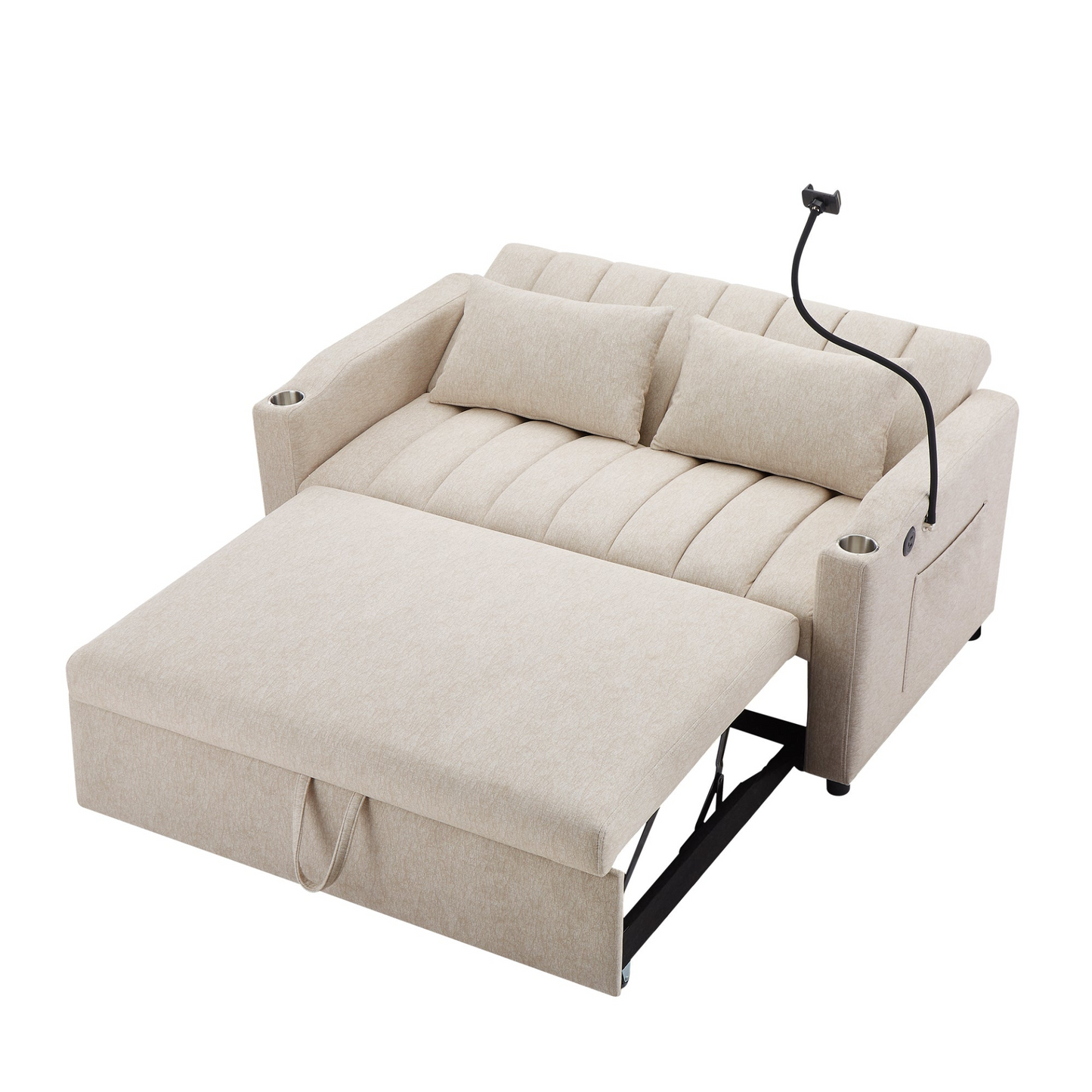 55.9" Convertible Sofa Bed Loveseat Sofa with Three USB Ports, Two Side Pockets, Two Cup Holders and 360°Swivel Phone Holder for Living Room, Beige