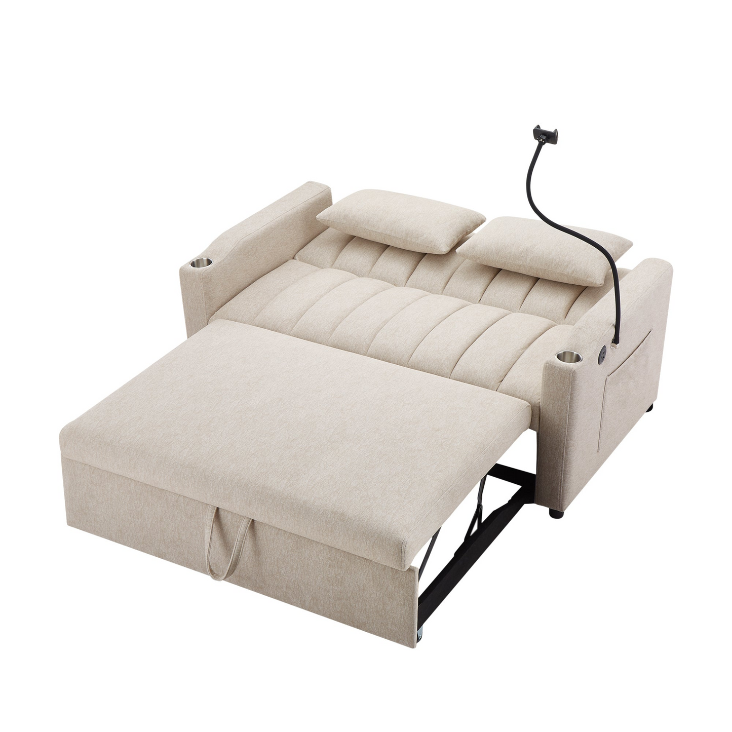 55.9" Convertible Sofa Bed Loveseat Sofa with Three USB Ports, Two Side Pockets, Two Cup Holders and 360°Swivel Phone Holder for Living Room, Beige