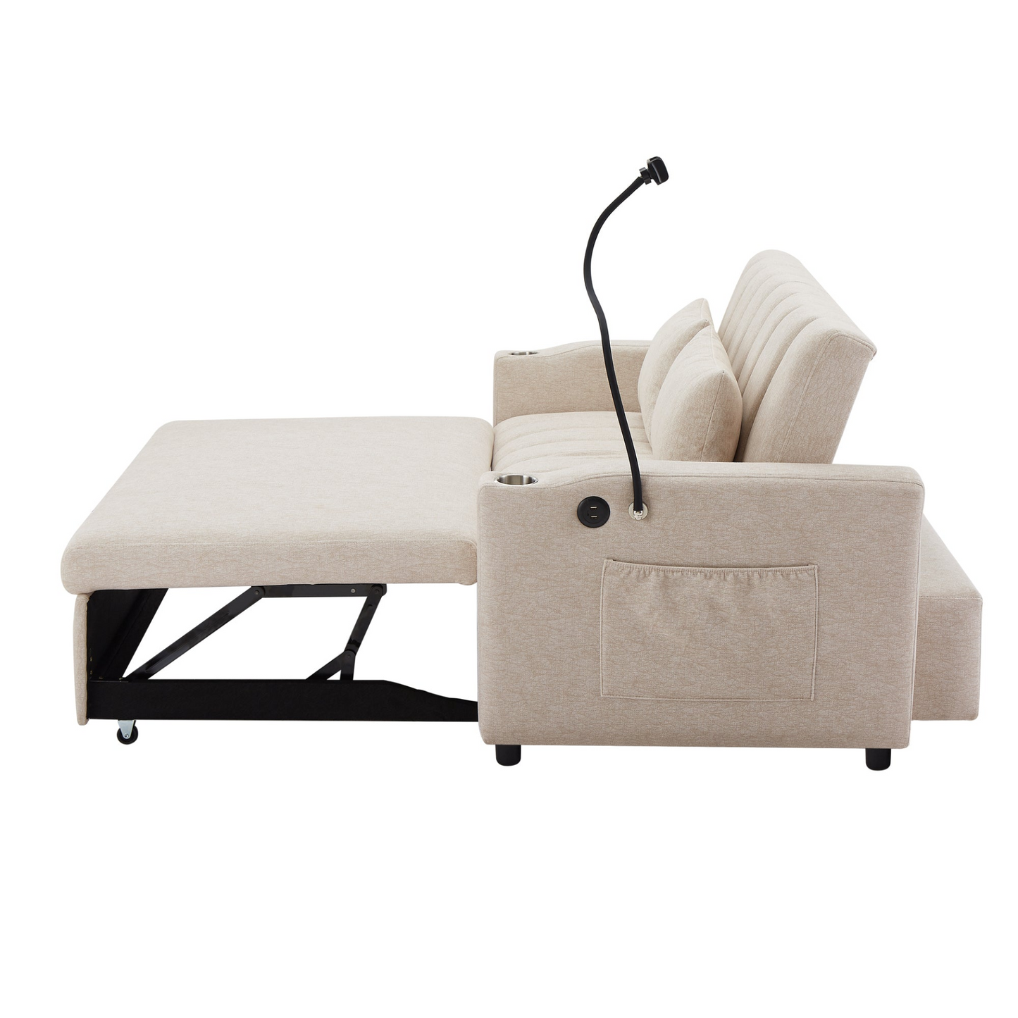 55.9" Convertible Sofa Bed Loveseat Sofa with Three USB Ports, Two Side Pockets, Two Cup Holders and 360°Swivel Phone Holder for Living Room, Beige