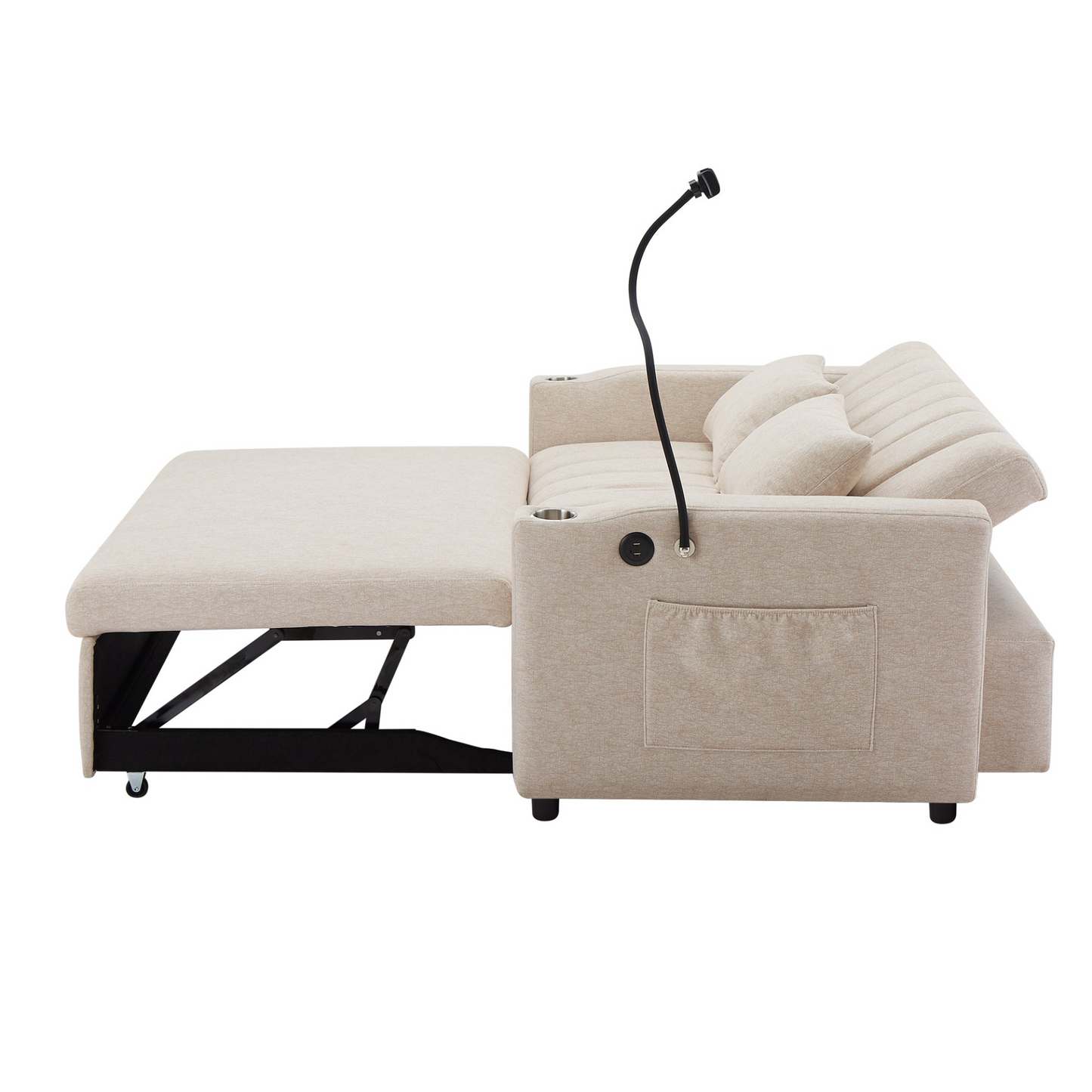 55.9" Convertible Sofa Bed Loveseat Sofa with Three USB Ports, Two Side Pockets, Two Cup Holders and 360°Swivel Phone Holder for Living Room, Beige