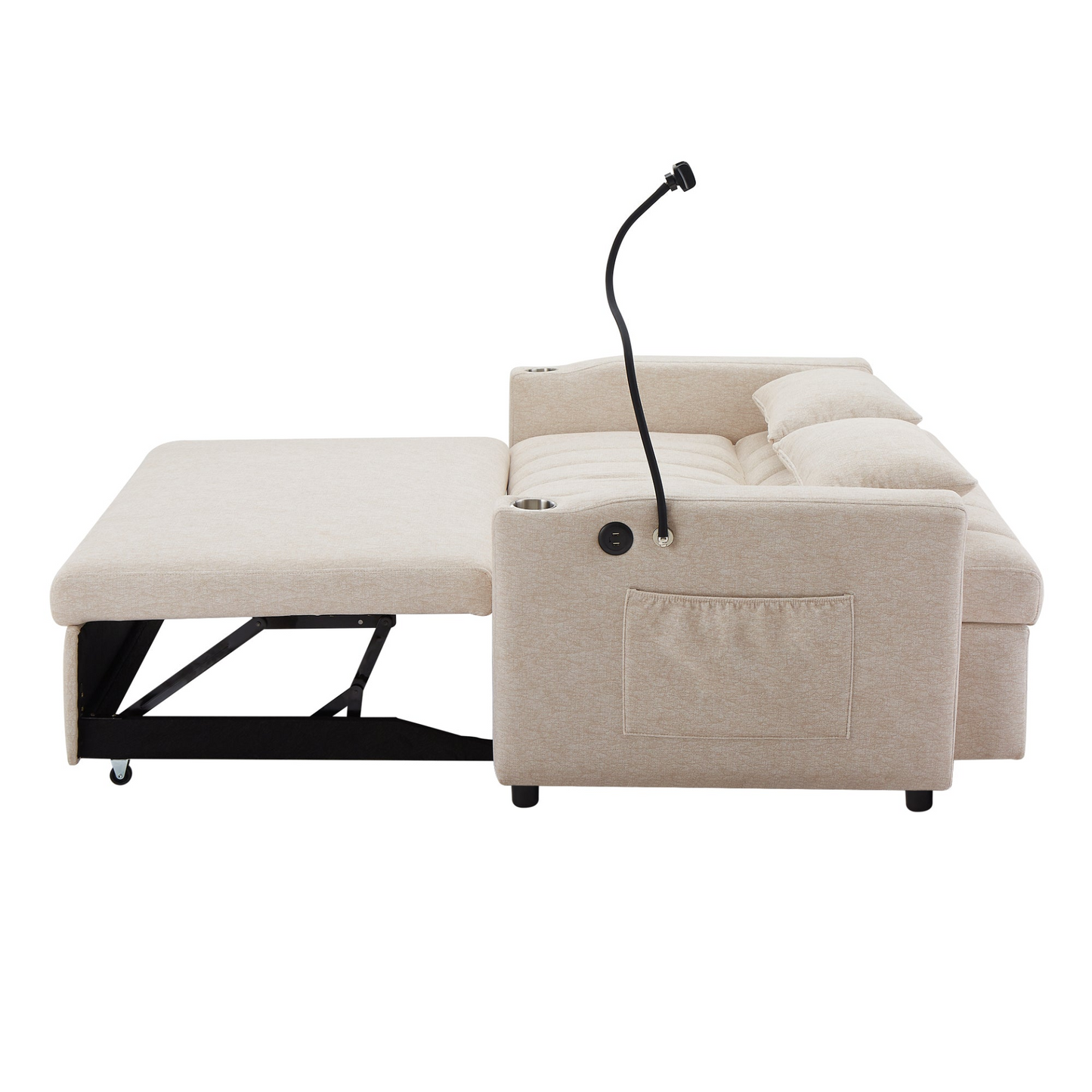 55.9" Convertible Sofa Bed Loveseat Sofa with Three USB Ports, Two Side Pockets, Two Cup Holders and 360°Swivel Phone Holder for Living Room, Beige
