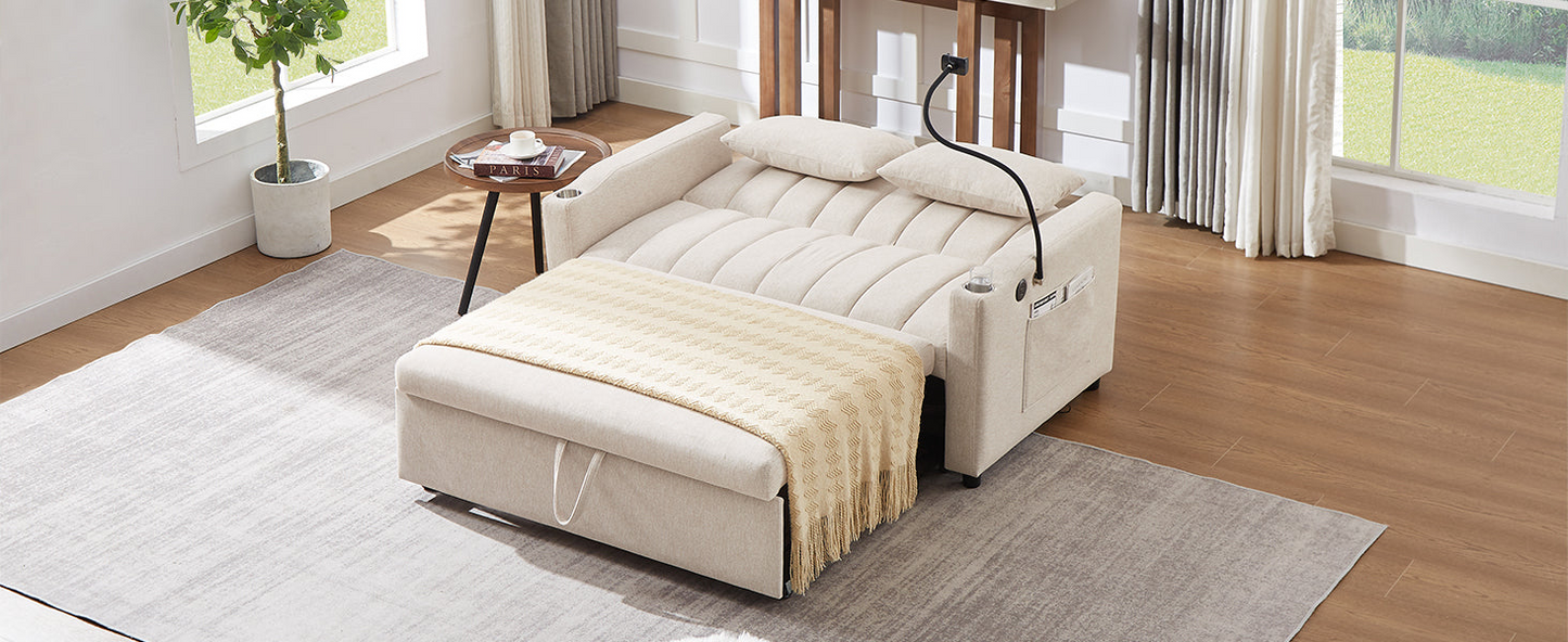 55.9" Convertible Sofa Bed Loveseat Sofa with Three USB Ports, Two Side Pockets, Two Cup Holders and 360°Swivel Phone Holder for Living Room, Beige