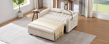 55.9" Convertible Sofa Bed Loveseat Sofa with Three USB Ports, Two Side Pockets, Two Cup Holders and 360°Swivel Phone Holder for Living Room, Beige