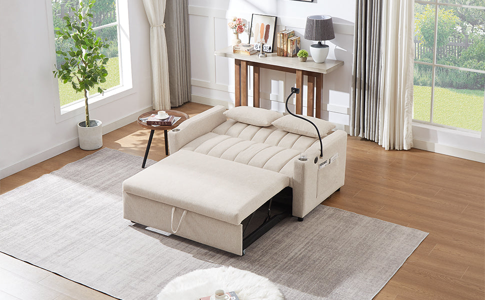 55.9" Convertible Sofa Bed Loveseat Sofa with Three USB Ports, Two Side Pockets, Two Cup Holders and 360°Swivel Phone Holder for Living Room, Beige
