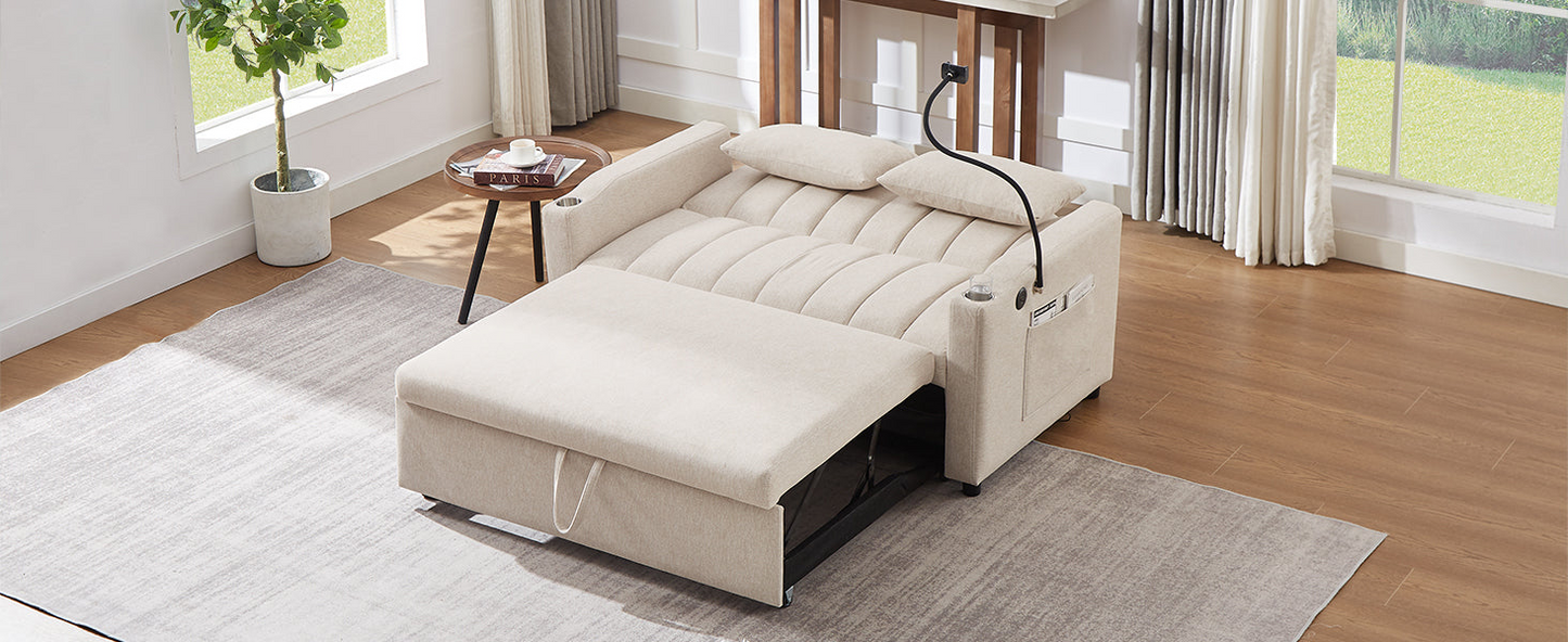 55.9" Convertible Sofa Bed Loveseat Sofa with Three USB Ports, Two Side Pockets, Two Cup Holders and 360°Swivel Phone Holder for Living Room, Beige
