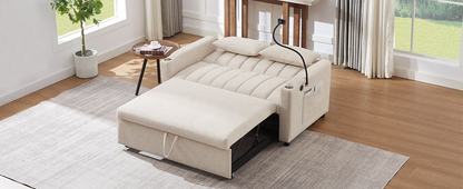 55.9" Convertible Sofa Bed Loveseat Sofa with Three USB Ports, Two Side Pockets, Two Cup Holders and 360°Swivel Phone Holder for Living Room, Beige