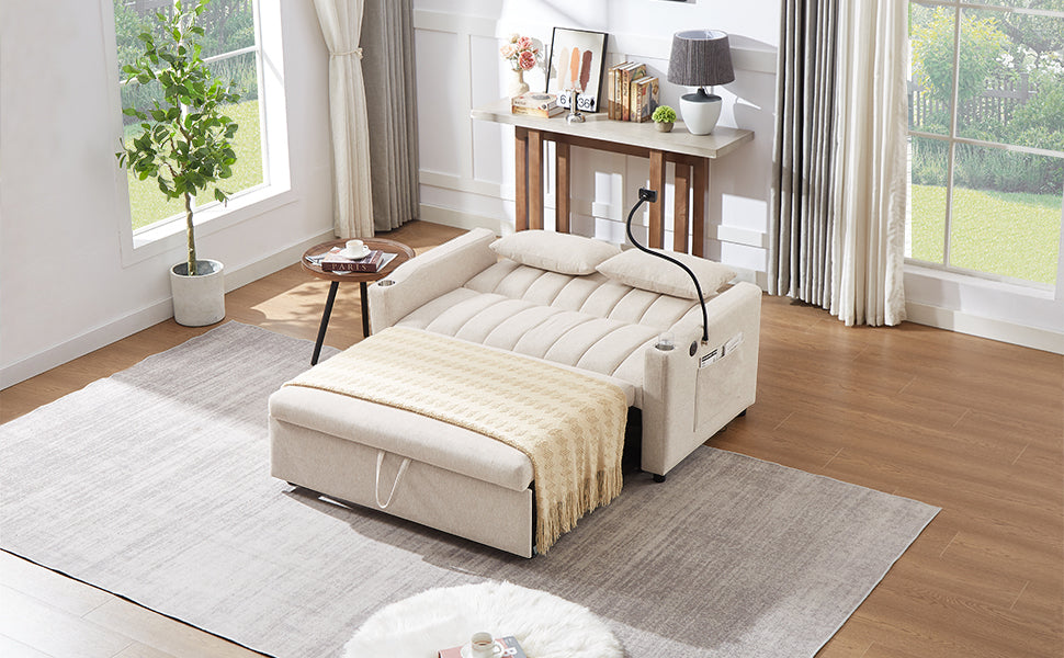 55.9" Convertible Sofa Bed Loveseat Sofa with Three USB Ports, Two Side Pockets, Two Cup Holders and 360°Swivel Phone Holder for Living Room, Beige