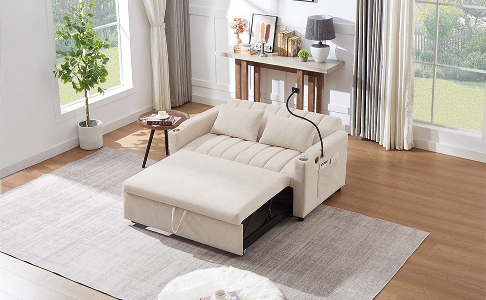 55.9" Convertible Sofa Bed Loveseat Sofa with Three USB Ports, Two Side Pockets, Two Cup Holders and 360°Swivel Phone Holder for Living Room, Beige