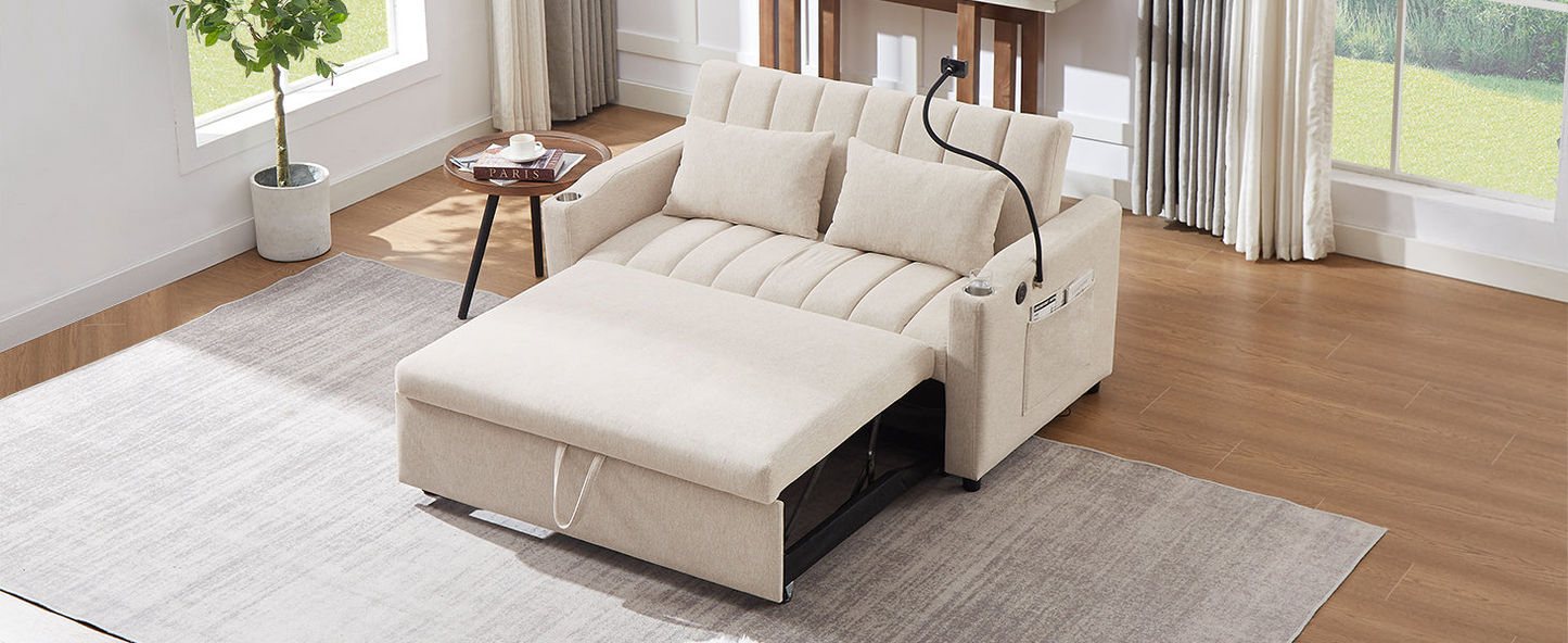 55.9" Convertible Sofa Bed Loveseat Sofa with Three USB Ports, Two Side Pockets, Two Cup Holders and 360°Swivel Phone Holder for Living Room, Beige