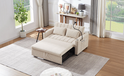 55.9" Convertible Sofa Bed Loveseat Sofa with Three USB Ports, Two Side Pockets, Two Cup Holders and 360°Swivel Phone Holder for Living Room, Beige